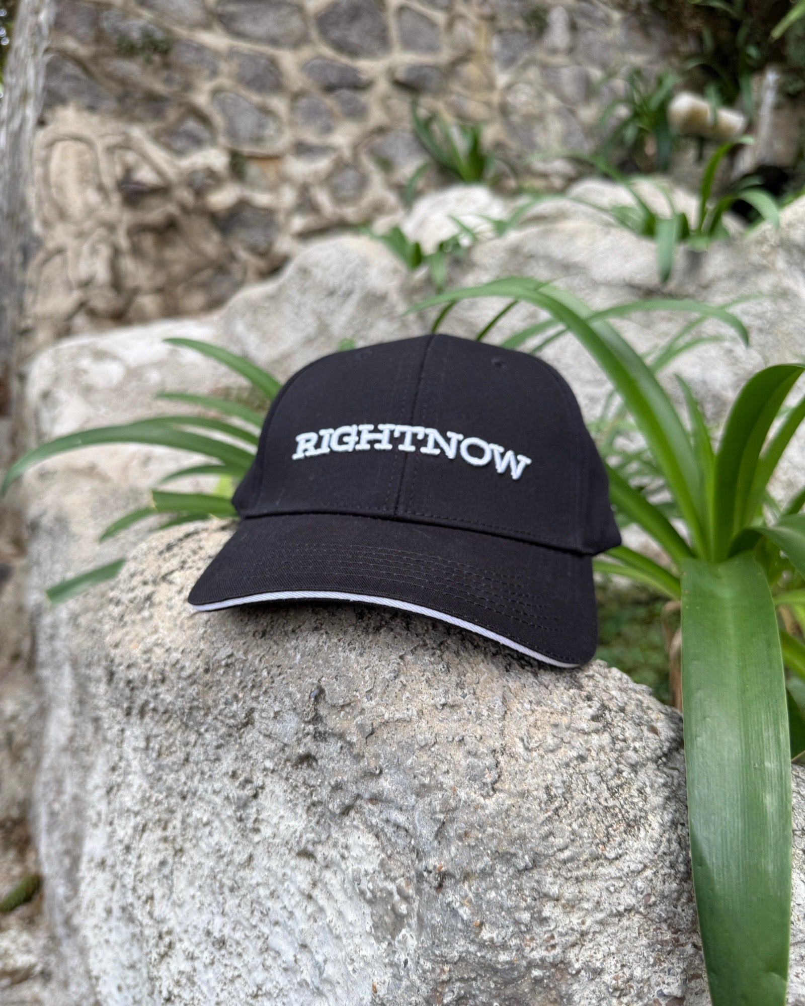 A matt black Ignite RIGHTNOW logo cap resting on a large, sunlit rock in a quiet garden, embodying a moment of simple, peaceful presence outdoors.