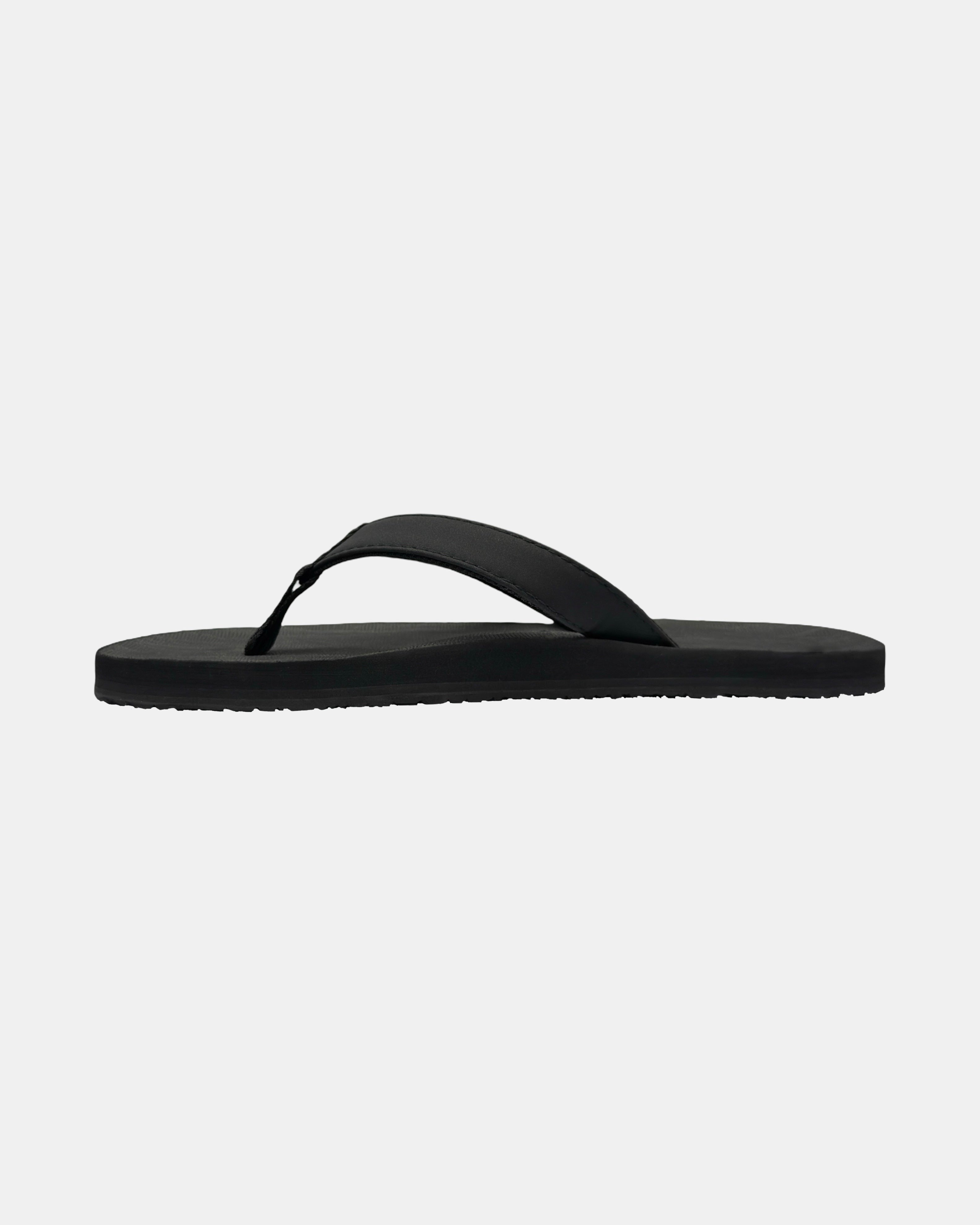 Men's matt black rubber Thong-style sandal seen from the left side, highlighting the contoured and grooved topsole with embedded arch support.