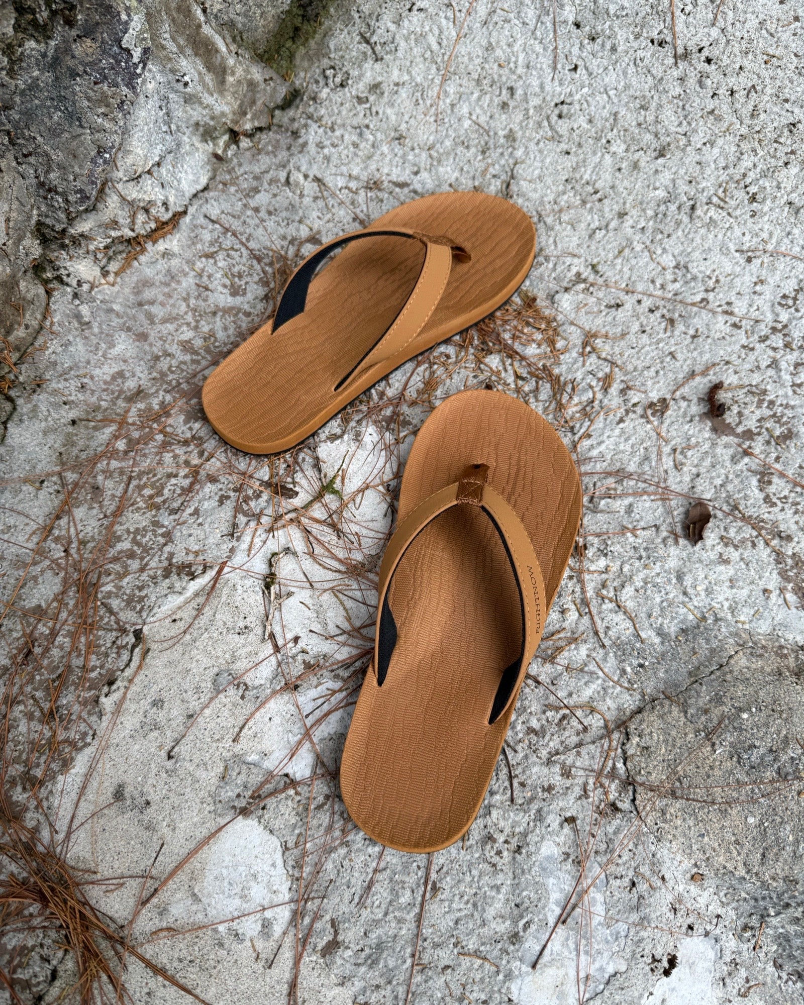 Top-down view of men's earth-tone Flow Thong Sandals on concrete ground with scattered pine needles, highlighting their simple design for natural and urban exploration.