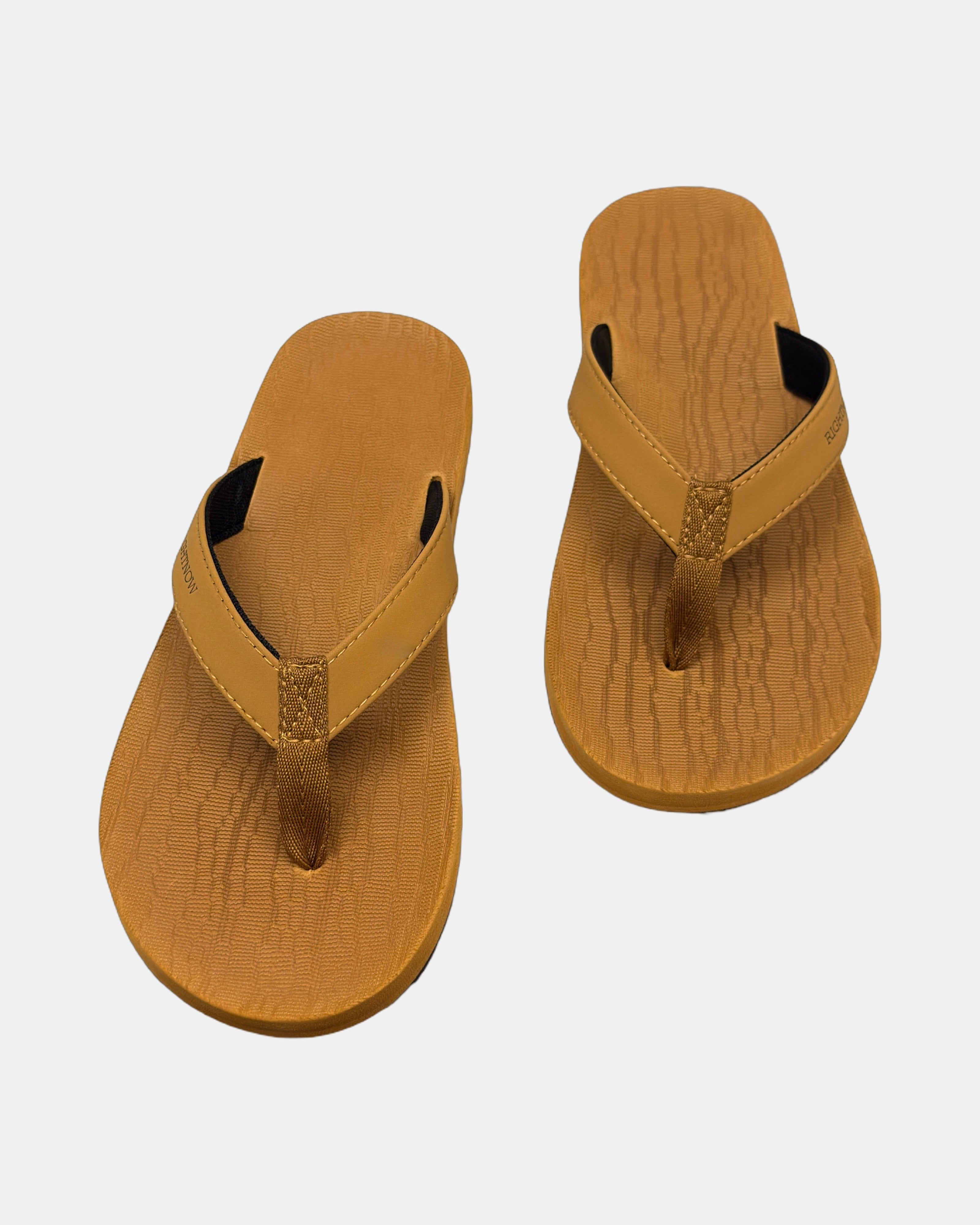Front view of a pair of earth brown rubber men’s thong sandal with open-toe design and textured footbed.