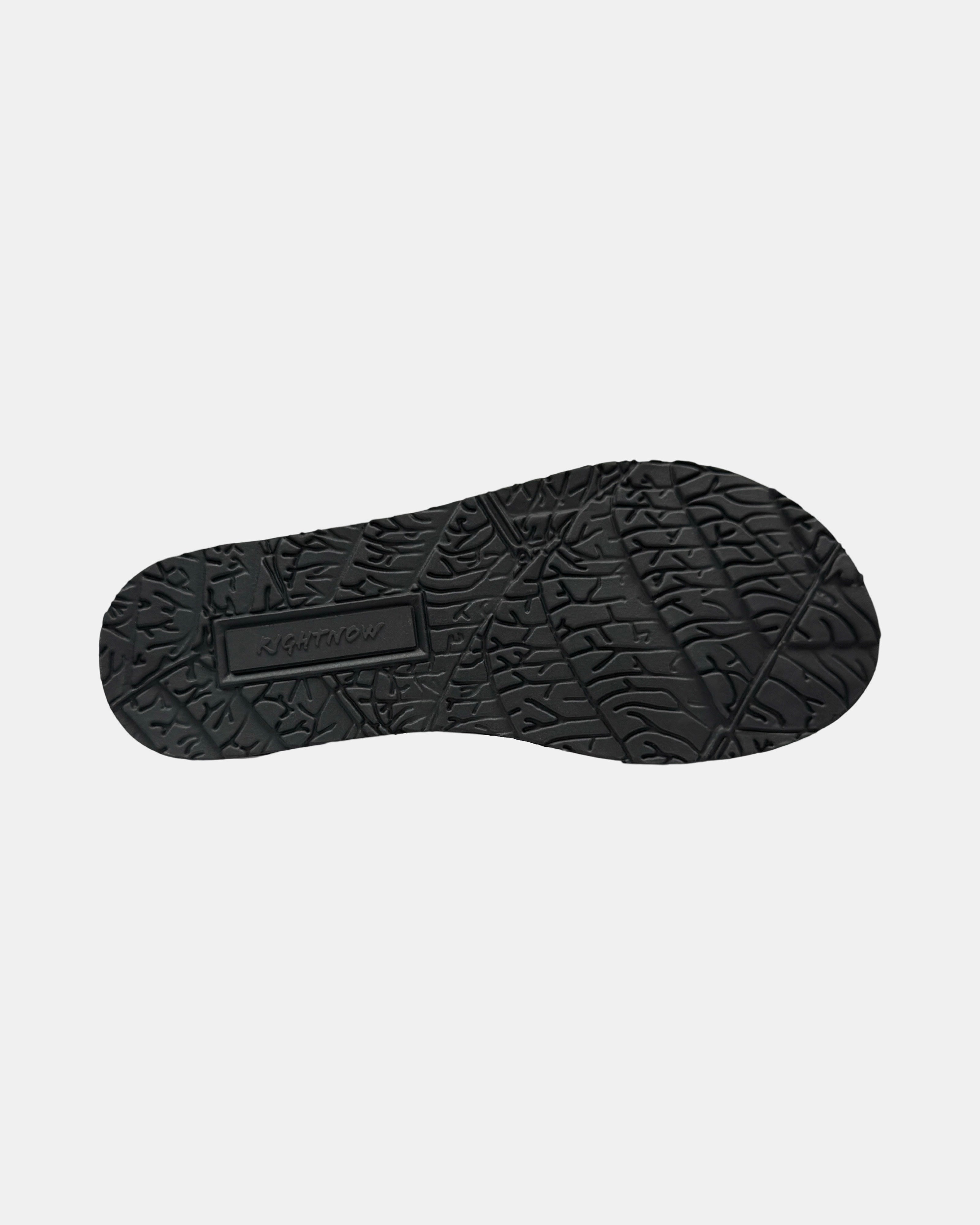 Black outsole of men's EXPLORE Roman Sandal with its RIGHTNOW logo.