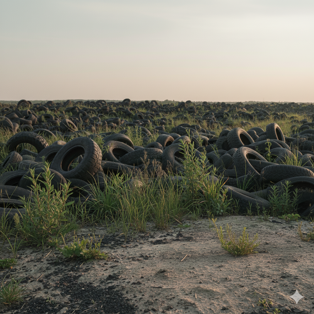 Field of old tires overgrown with grass at a landfill