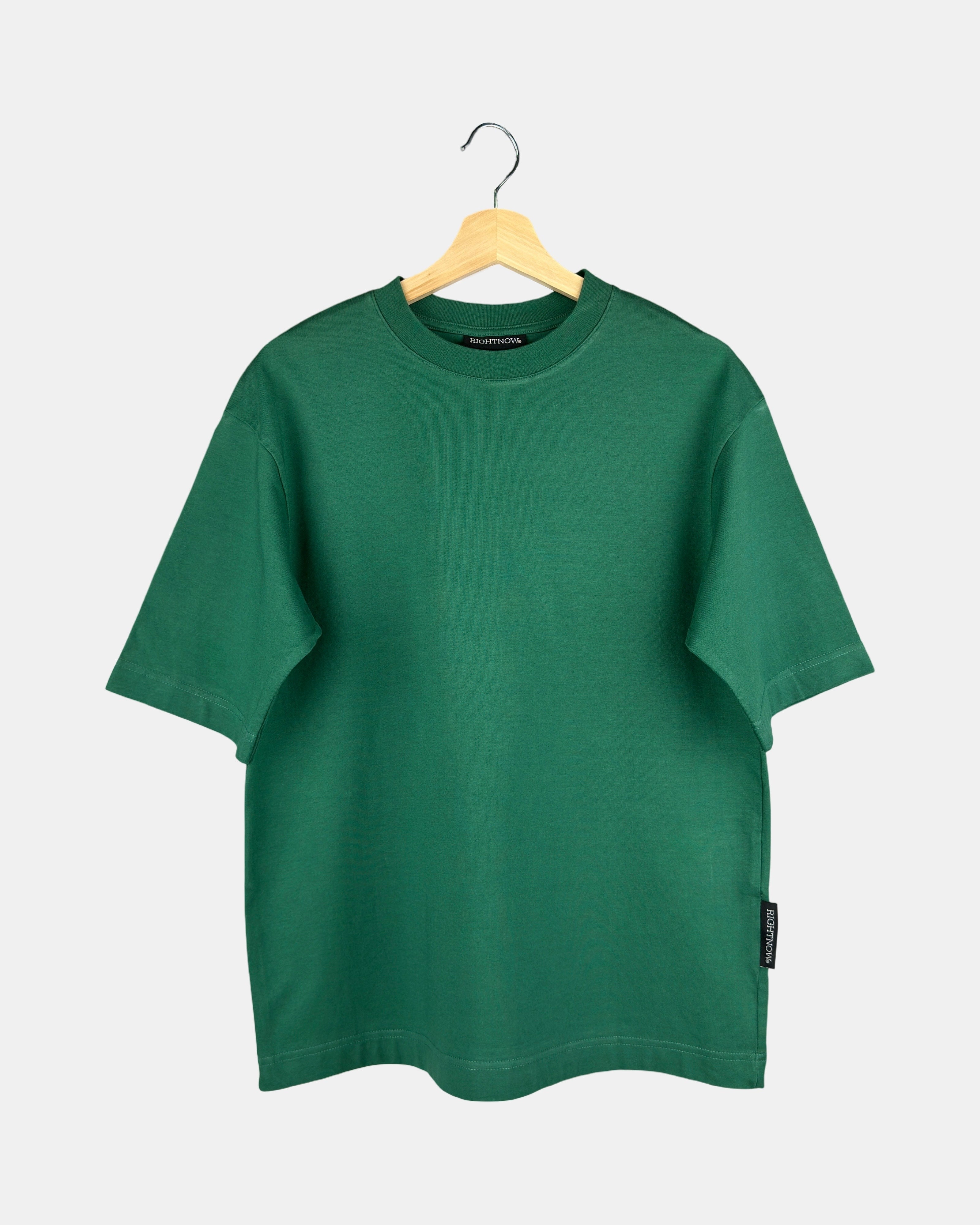 Unisex Moment oversized plain t-shirt in natural green, made from premium cotton, shown from the front to feature its butterfly-knitted crewneck collar on a hanger.
