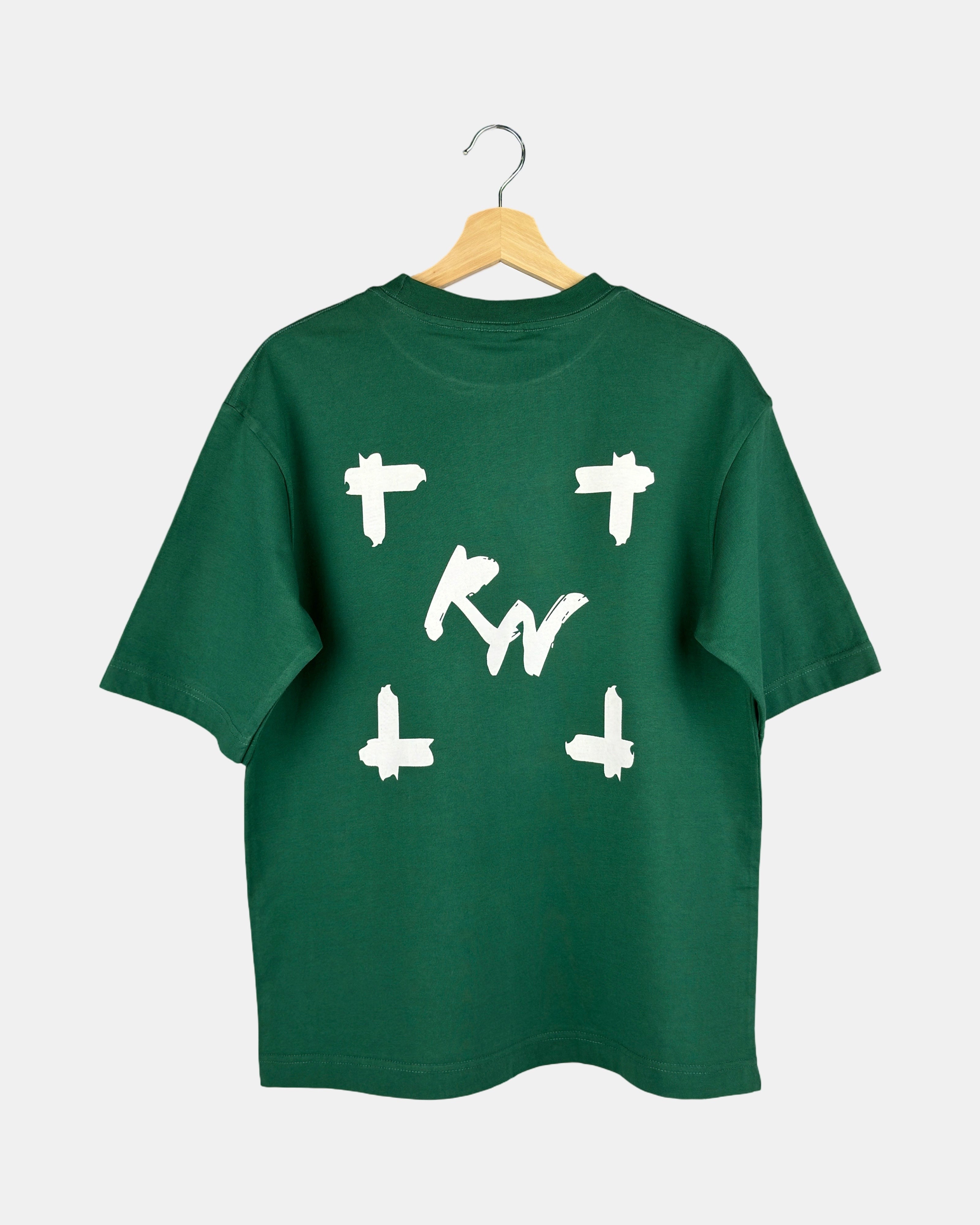 Back view of a unisex natural green Moment oversized t-shirt in premium cotton, showing a large canvas-style graphic with a deep, expansive, and line-less design.