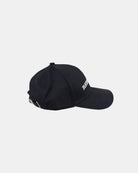 Right side profile of a matt black RIGHTNOW logo baseball cap, highlighting its minimalist design and breathable cotton twill fabric.