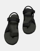 Front view of a pair of matt black rubber men's roman sandal with open-toe design and adjustable ankle strap.