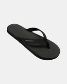 A 45-degree angled view of a men's matt black rubber Thong-style sandal highlighting its textured and supportive footbed.