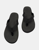 Front view of a pair of matt black rubber men’s thong sandal with open-toe design and textured footbed.