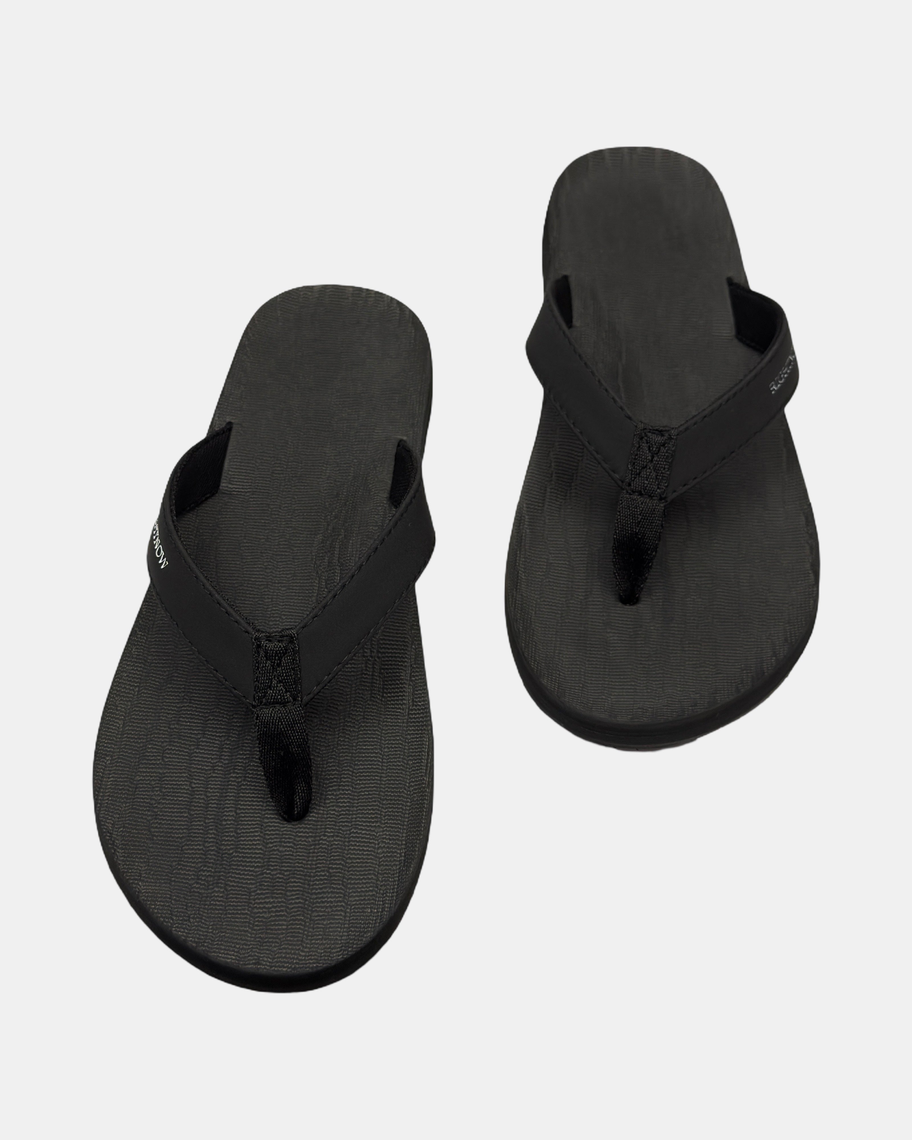 Front view of a pair of matt black rubber men’s thong sandal with open-toe design and textured footbed.