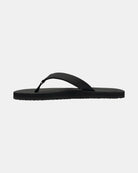 Men's matt black rubber Thong-style sandal seen from the left side, highlighting the contoured and grooved topsole with embedded arch support.