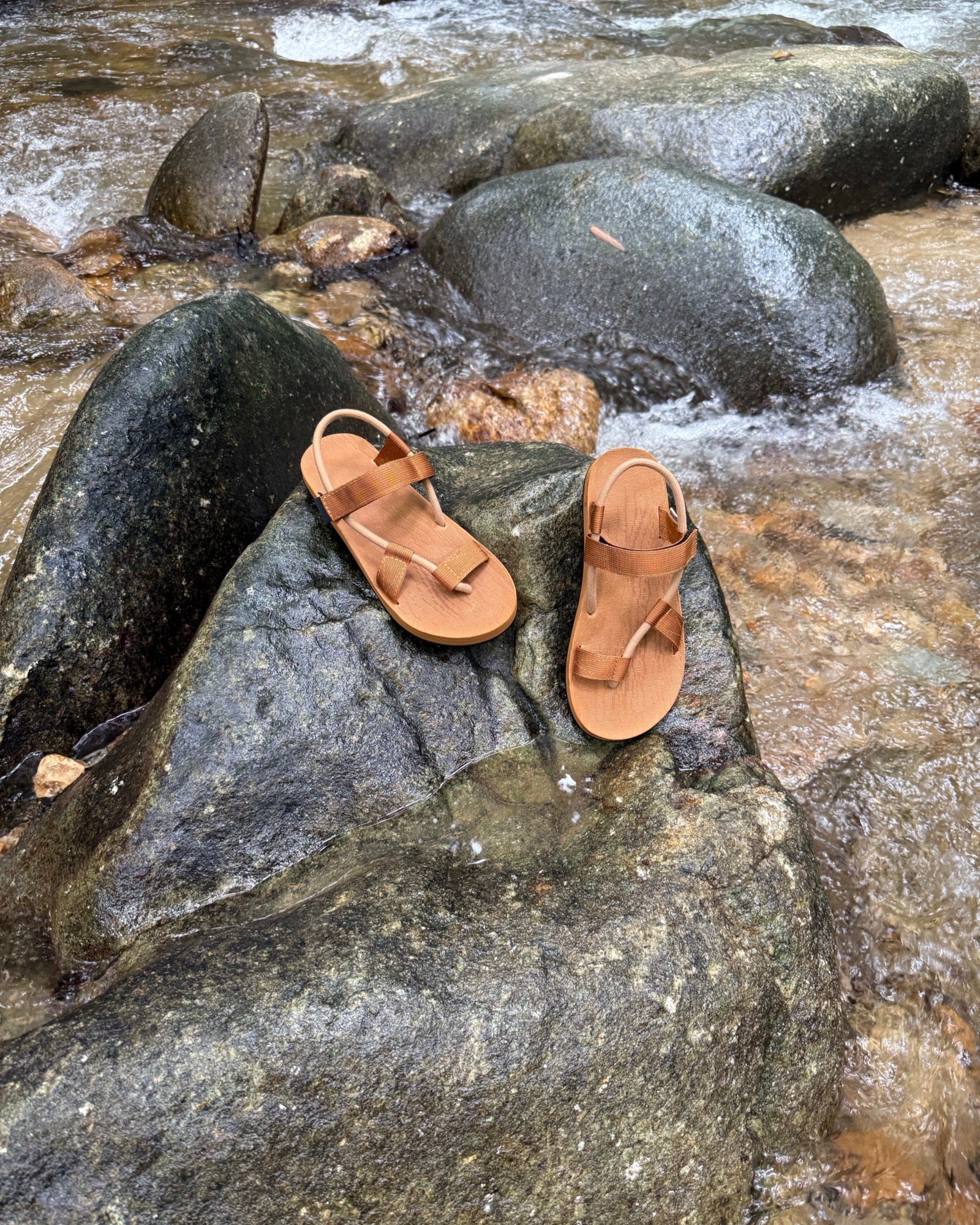 Waterproof men's earth brown EXPLOre Roman Sandals on a wet boulder in a flowing jungle stream, highlighting their anti-slip soles for secure footing on any terrain.