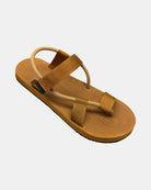 A 45-degree angled view of a men's earth brown rubber Roman-style sandal with a single 360° flexible strap around the ankle.