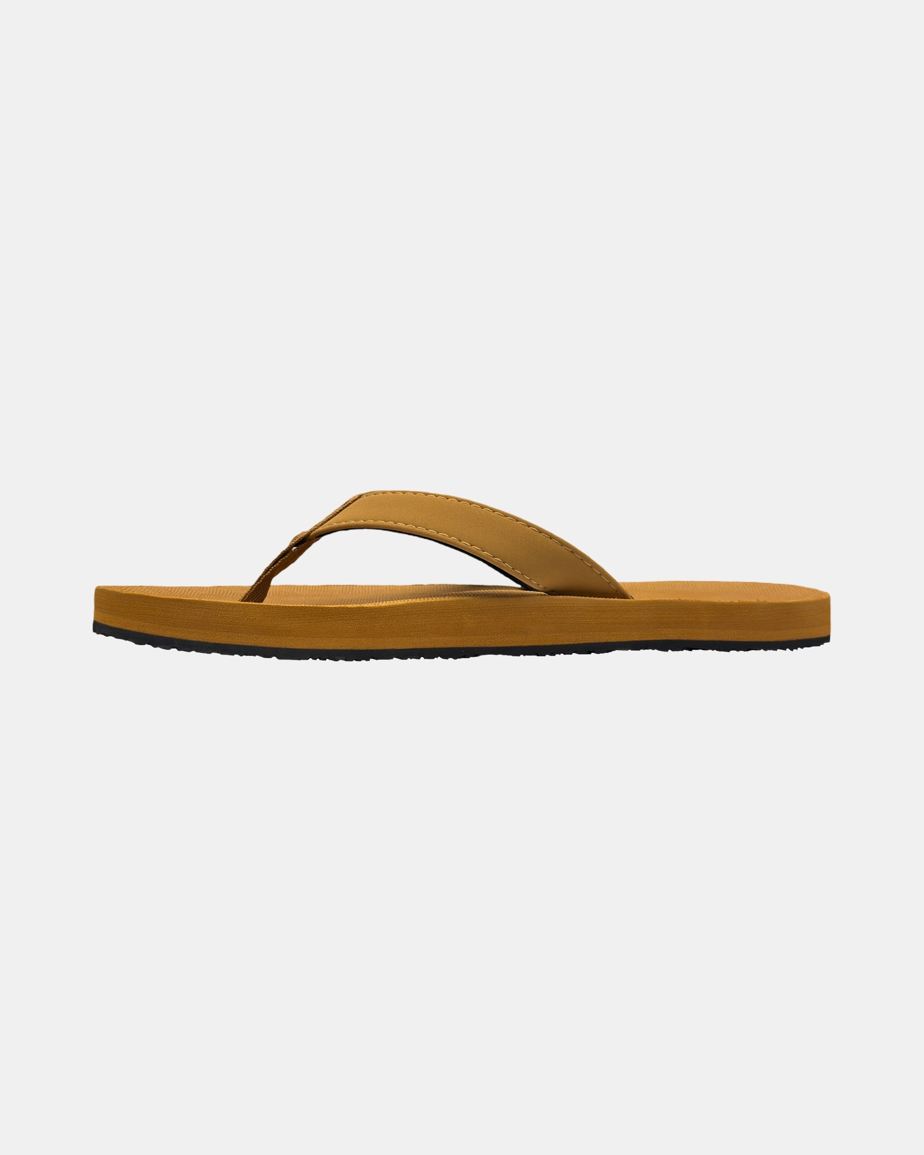 Men's earth brown rubber Thong-style sandal seen from the left side, highlighting the contoured and grooved topsole with embedded arch support.