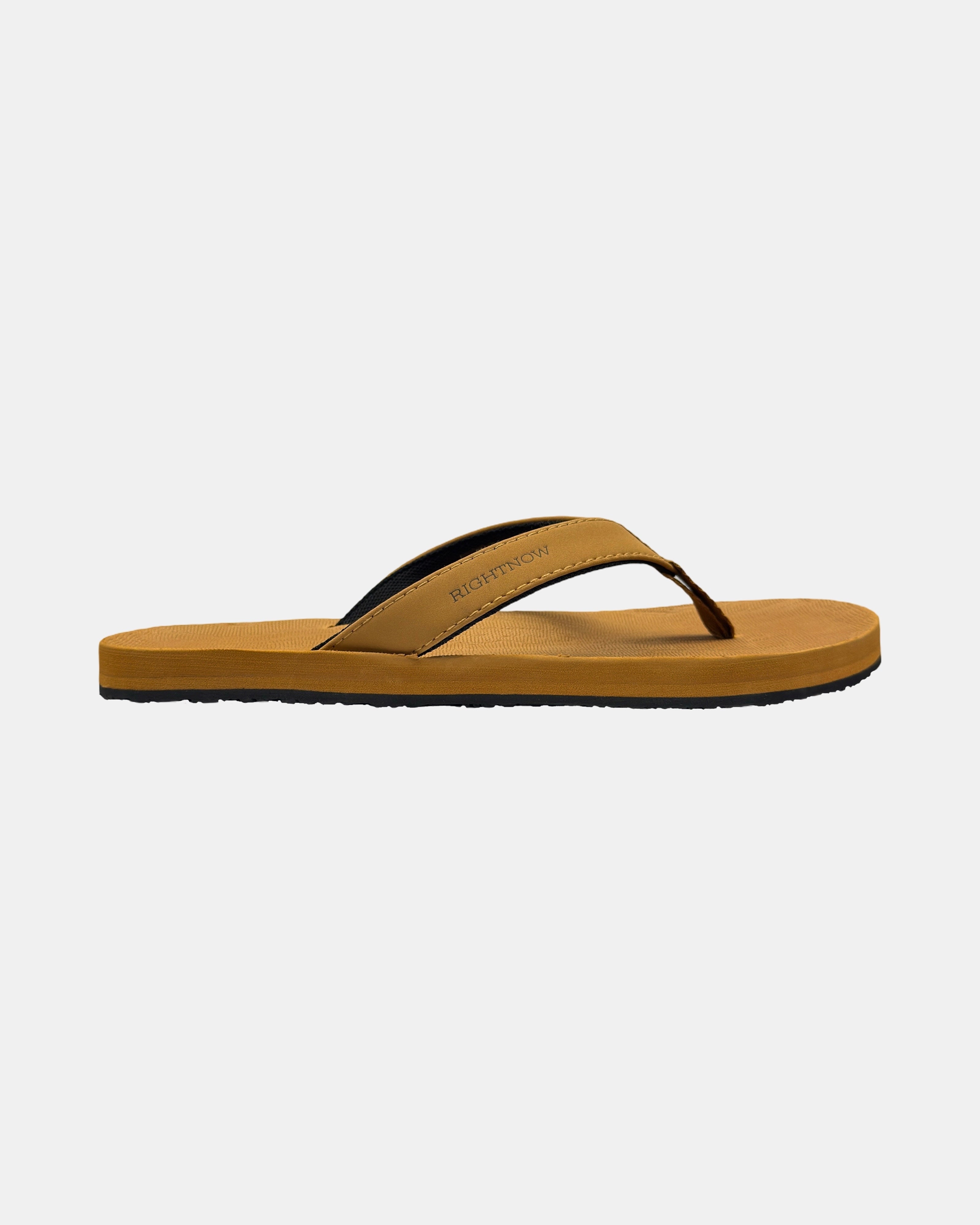 Men's earth brown rubber Thong sandal seen from the right side, showing the slim profile of the sole and V-shaped strap.