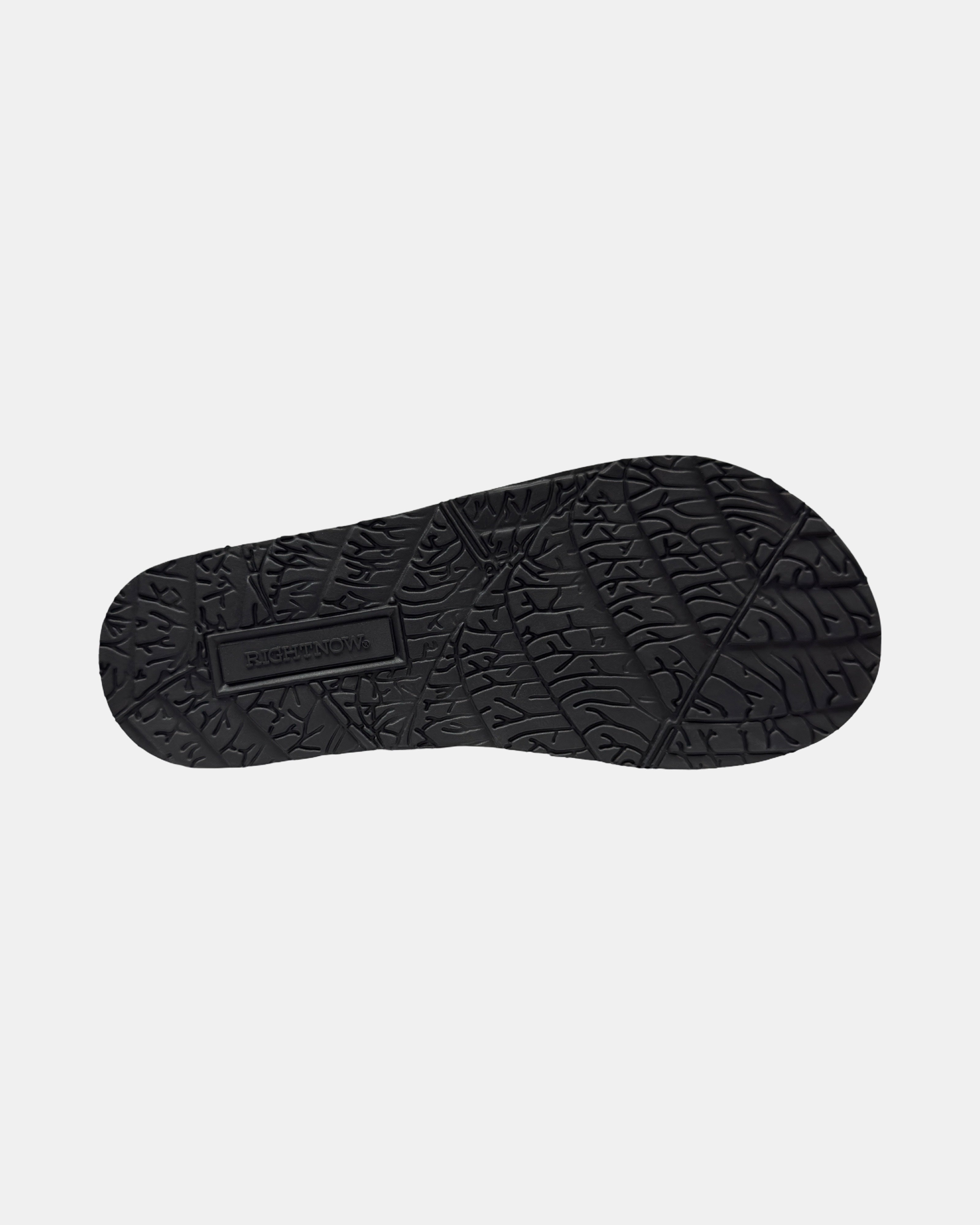 Black outsole of men's Flow Thong Sandal with the official RIGHTNOW logo.