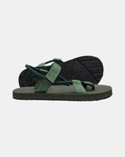 Men's forest-tone minimalist sandal with flexible strap and an open-toe design, with the black rubber textured anti-slip sole behind it.