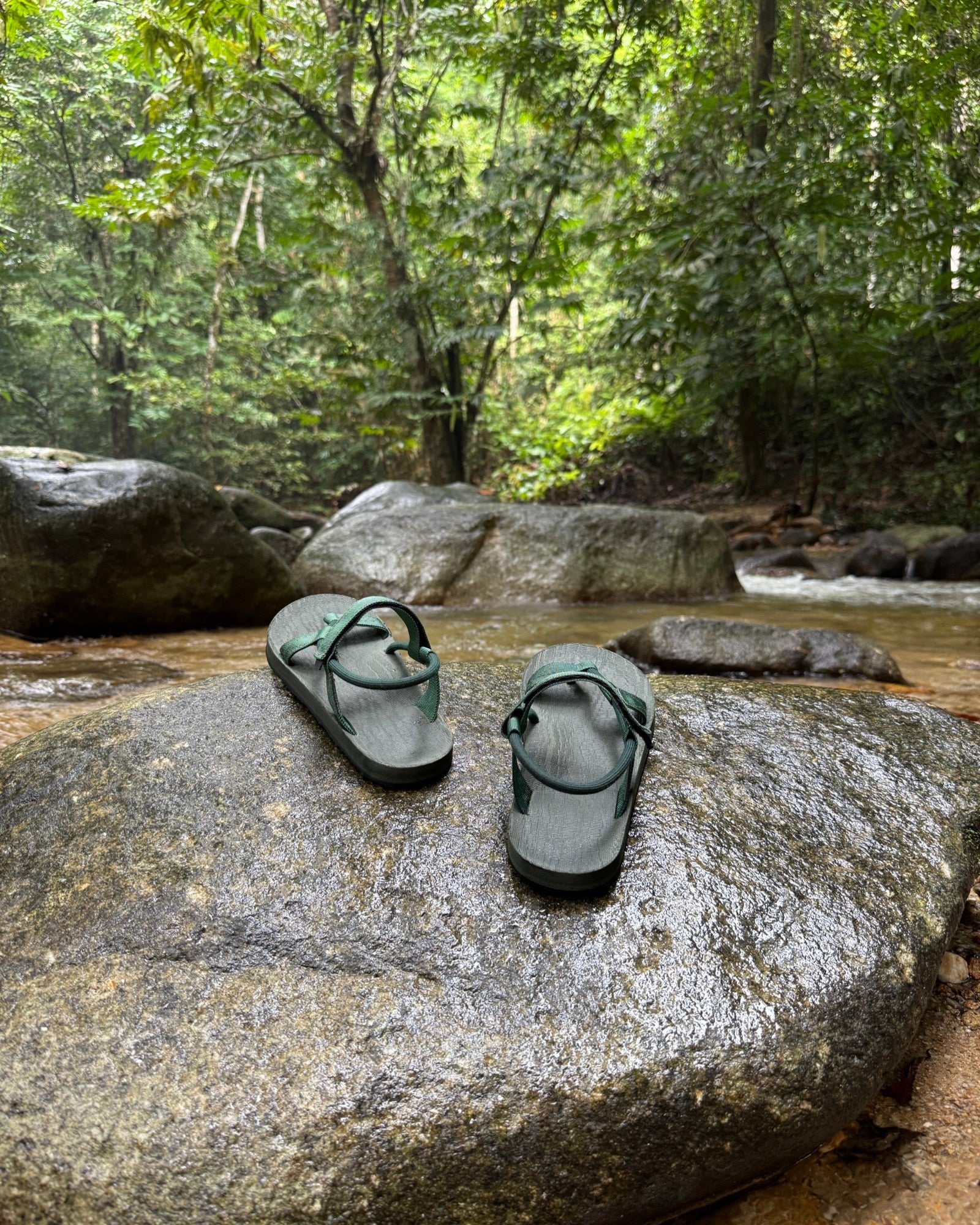Men's natural green EXPLOre Roman Sandals on a river rock with a lush tropical rainforest backdrop, the perfect footwear for authentic tropical exploration.