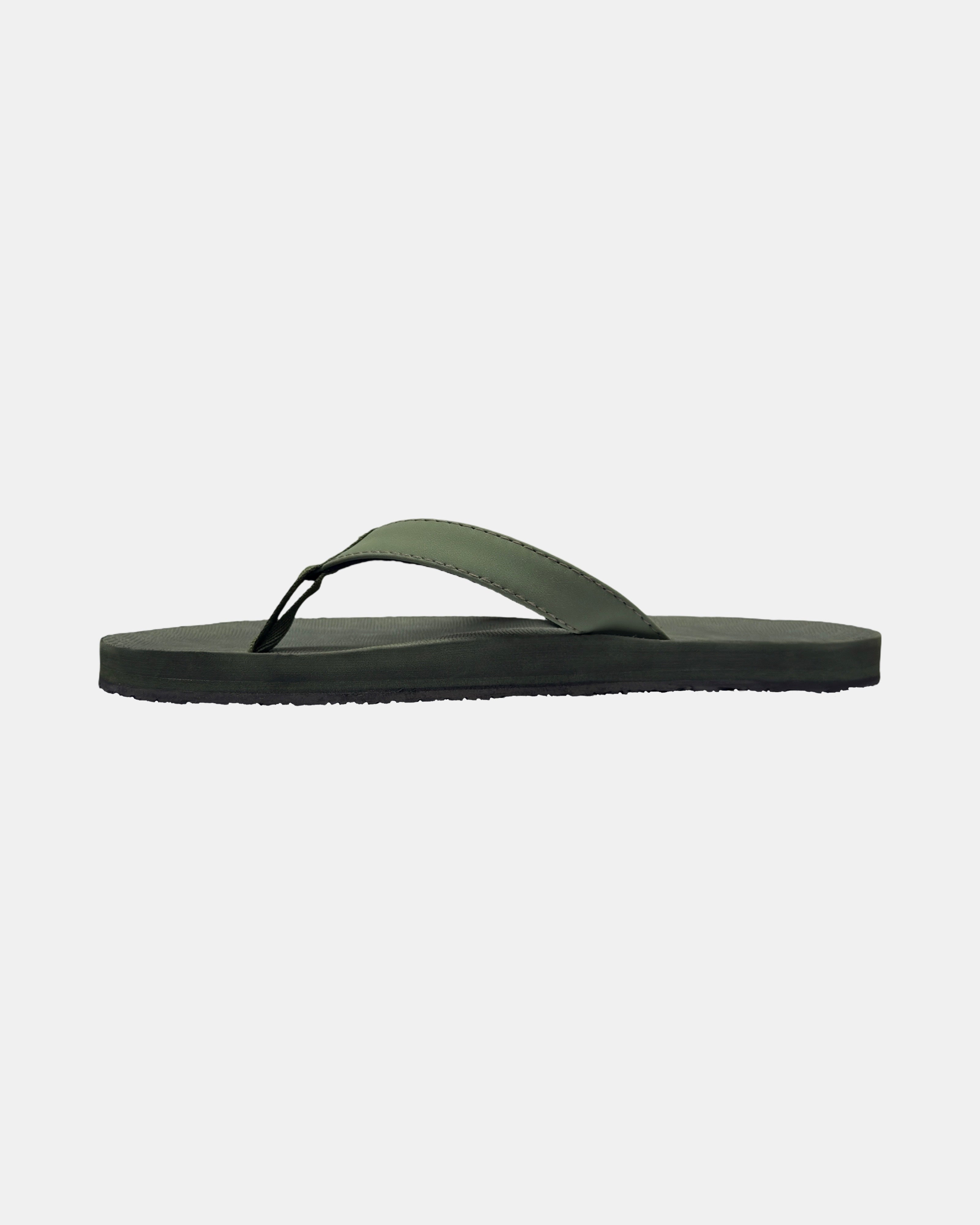 Men's natural green rubber Thong-style sandal seen from the left side, highlighting the contoured and grooved topsole with embedded arch support.