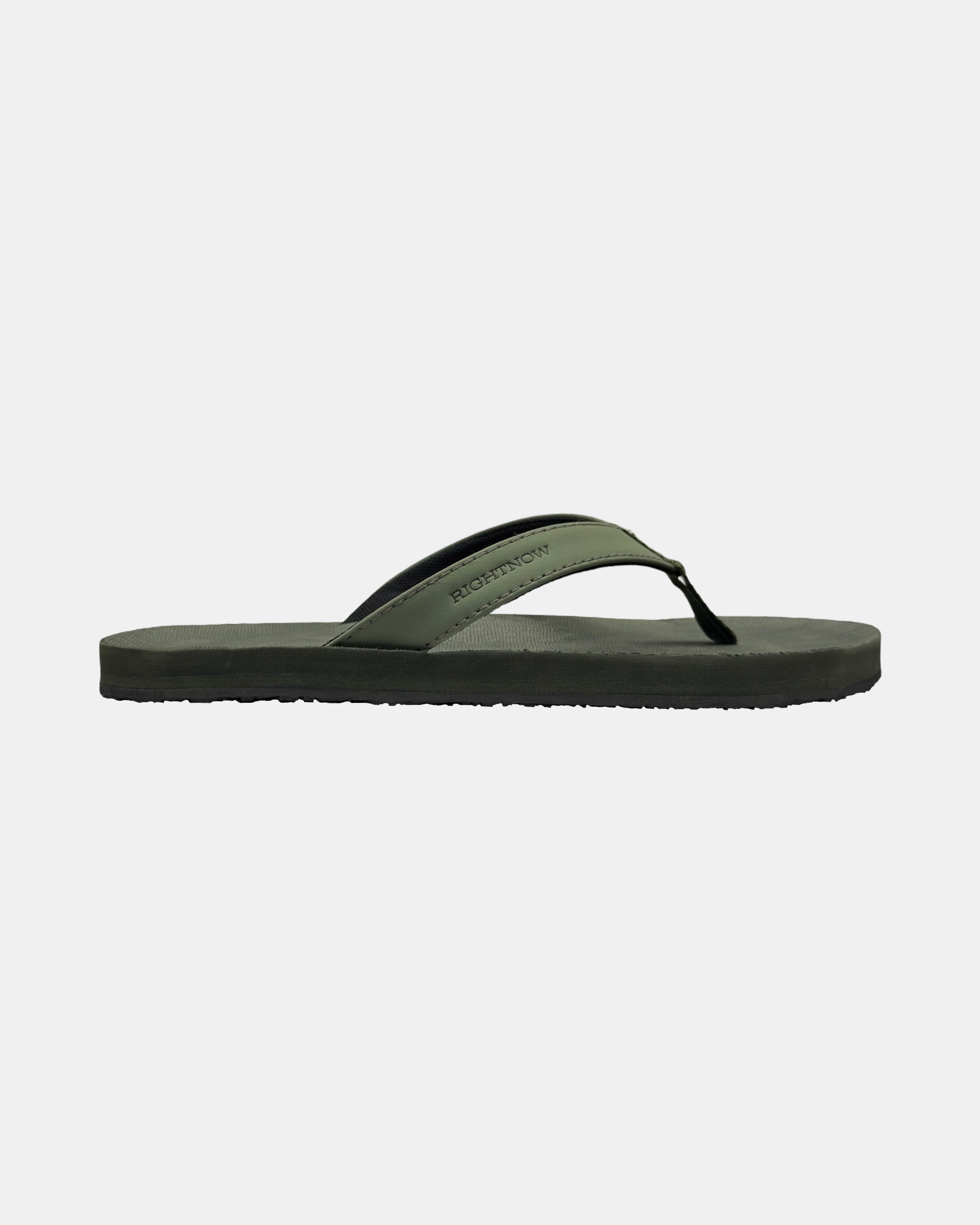 Men's natural green rubber Thong sandal seen from the right side, showing the slim profile of the sole and V-shaped strap.