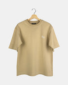 Unisex Moment oversized t-shirt in premium cotton with a sand beige design and an RN logo printed on the chest, below the butterfly-knitted crewneck collar.