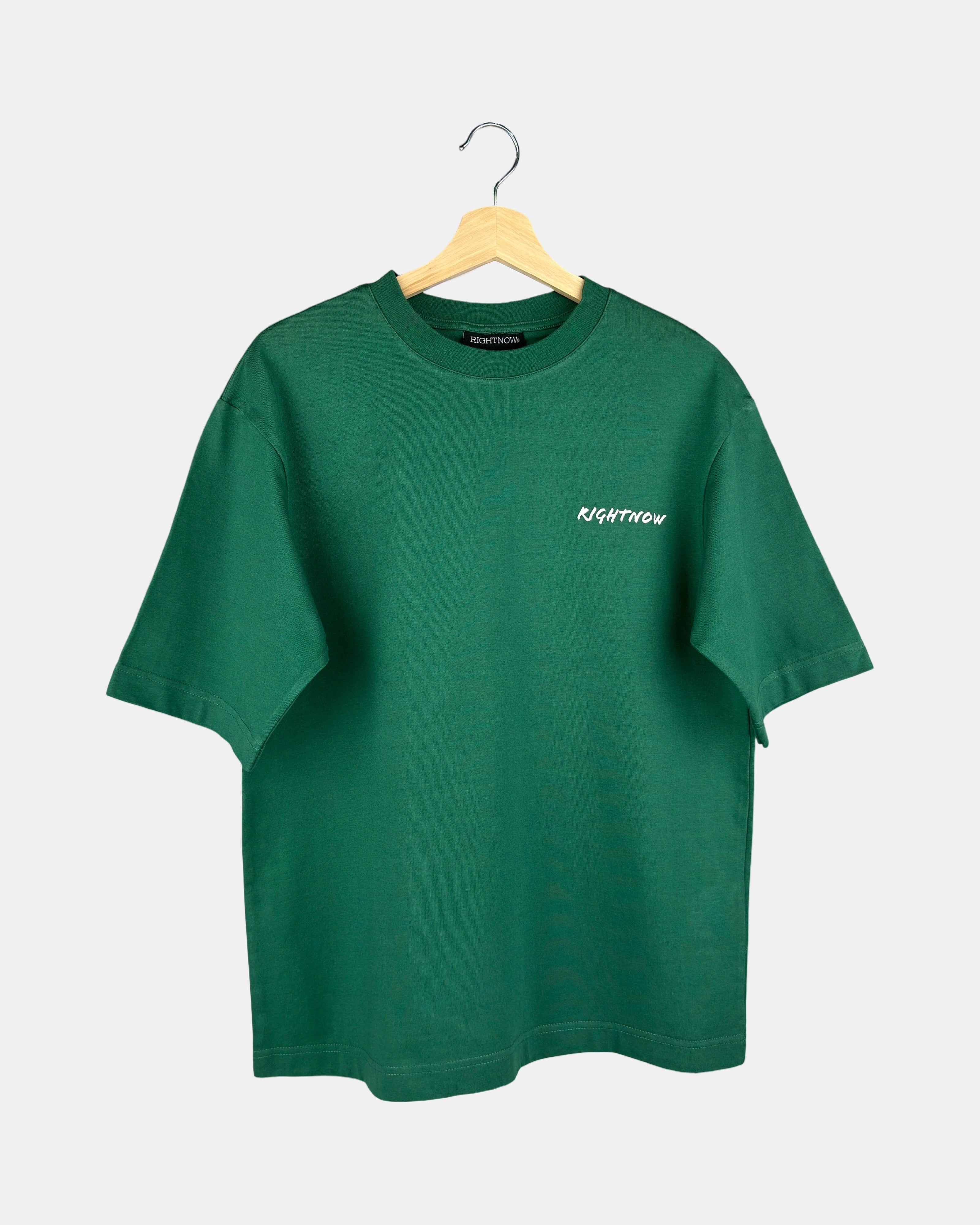 Unisex natural green Moment oversized t-shirt in premium cotton with the RIGHTNOW brand name printed on the chest, below the butterfly-knitted crewneck collar.