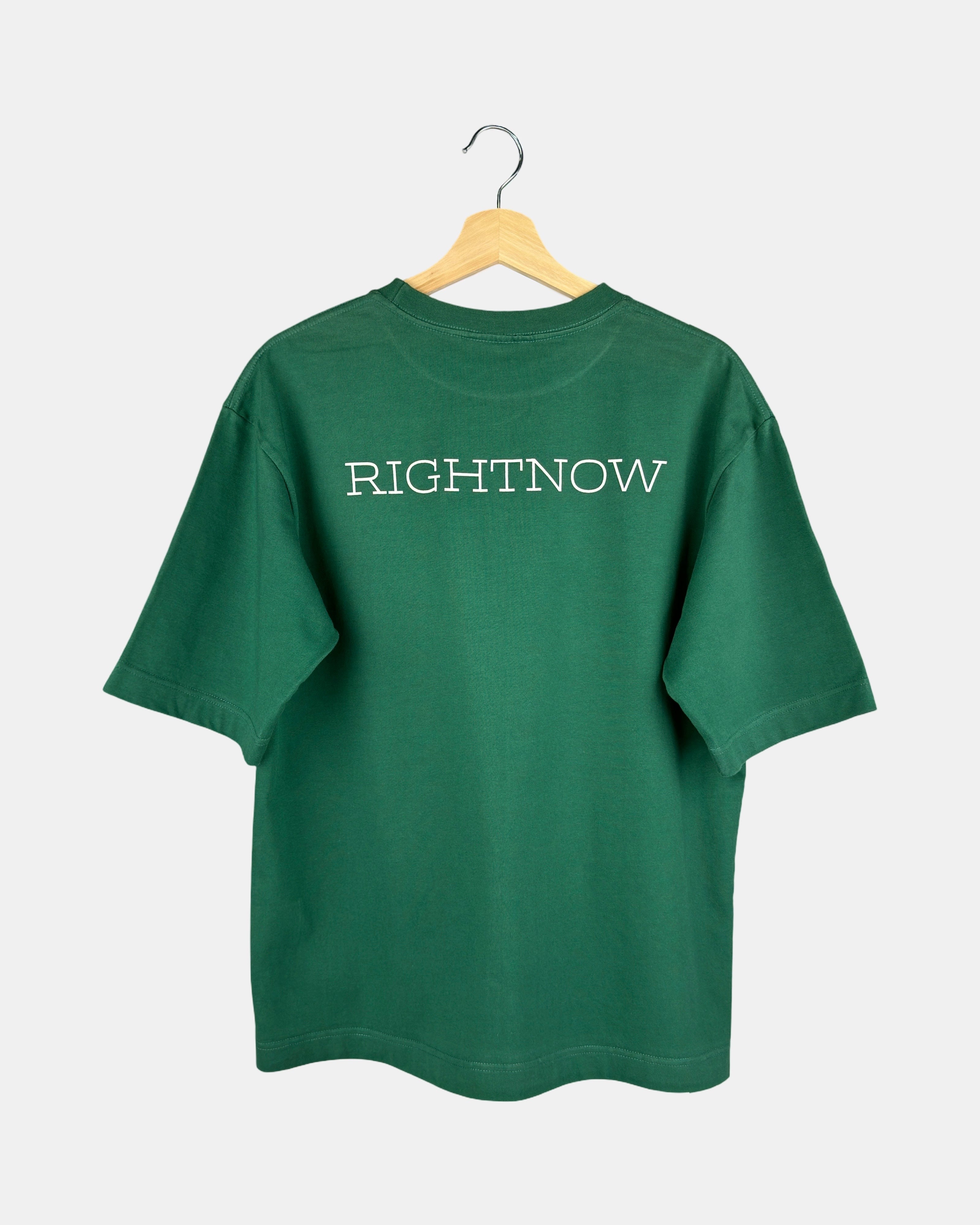 Back view of a unisex, natural green, cotton, oversized RIGHTNOW logo t-shirt with the brand name printed in large letters across the upper back.