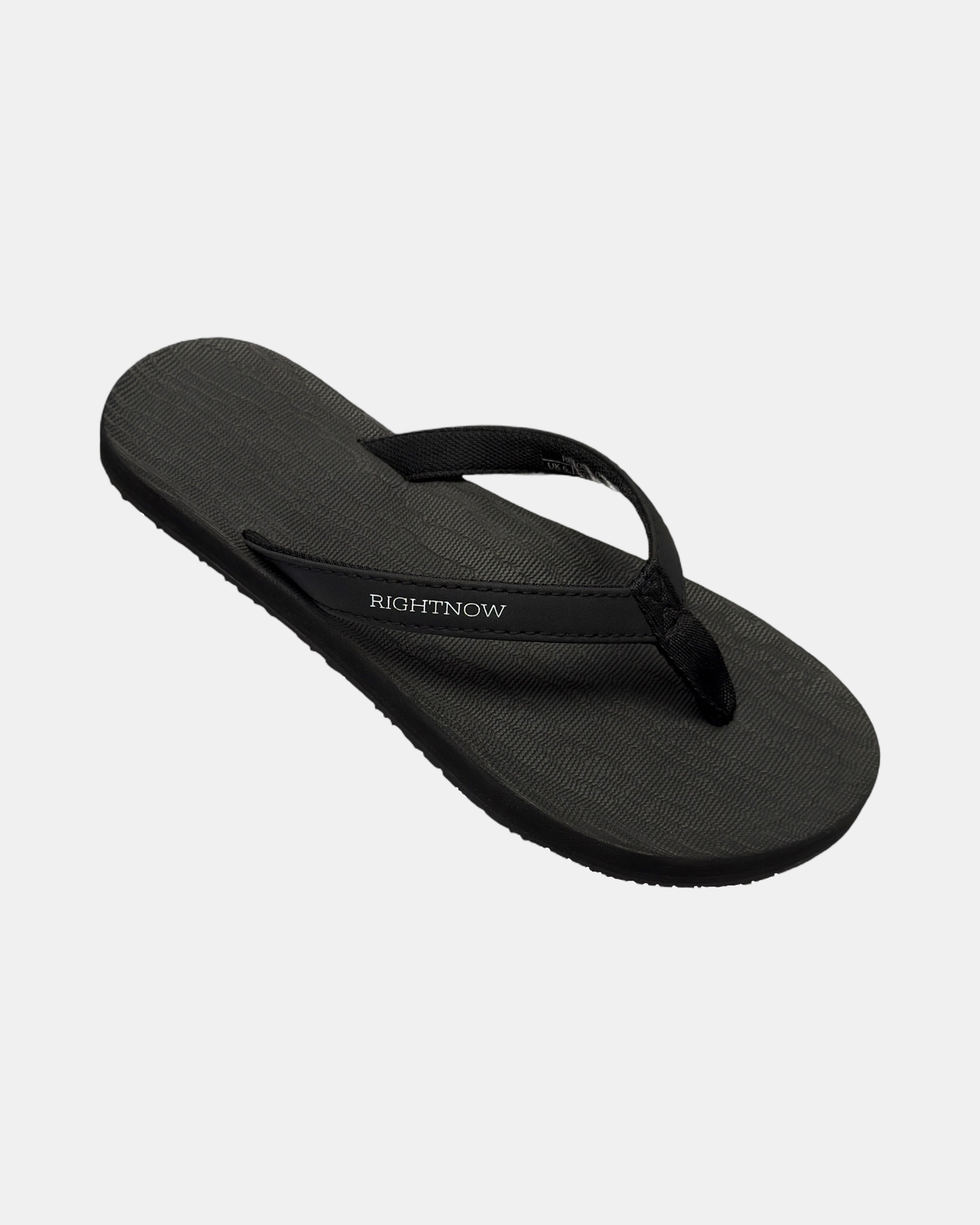 A 45-degree angled view of a women's matt black rubber Thong-style sandal highlighting its textured and supportive footbed.