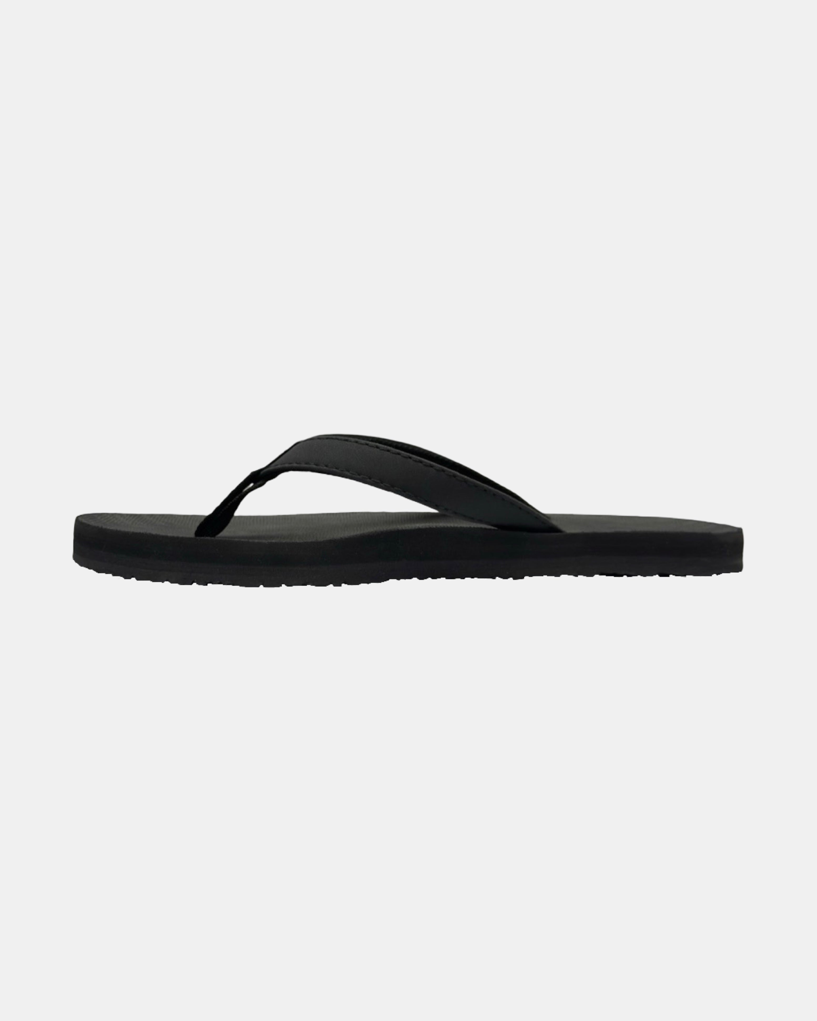 Women's matt black rubber Thong-style sandal seen from the left side, highlighting the contoured and grooved topsole with embedded arch support.