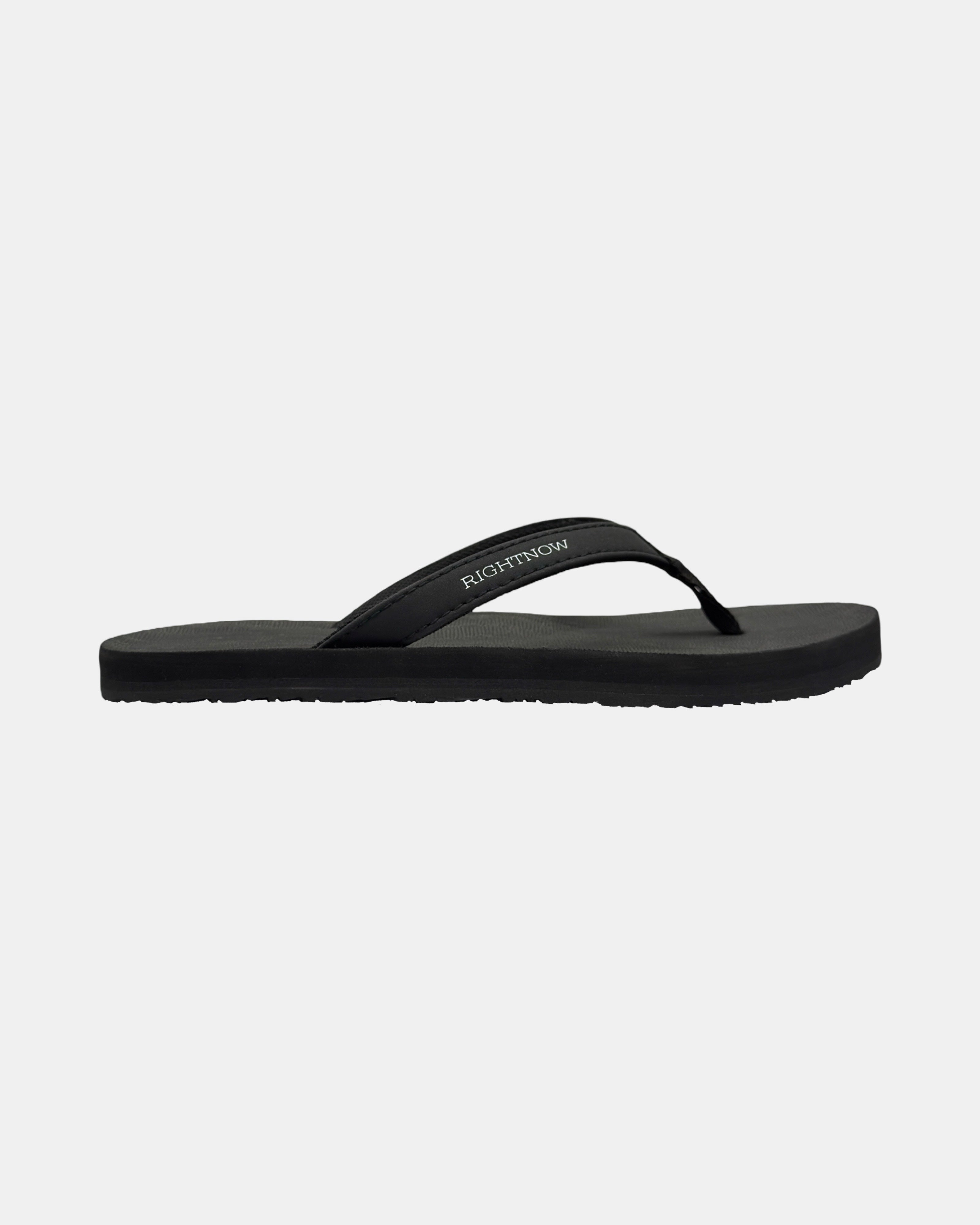 Women's matt black rubber Thong sandal seen from the right side, showing the slim profile of the sole and V-shaped strap.