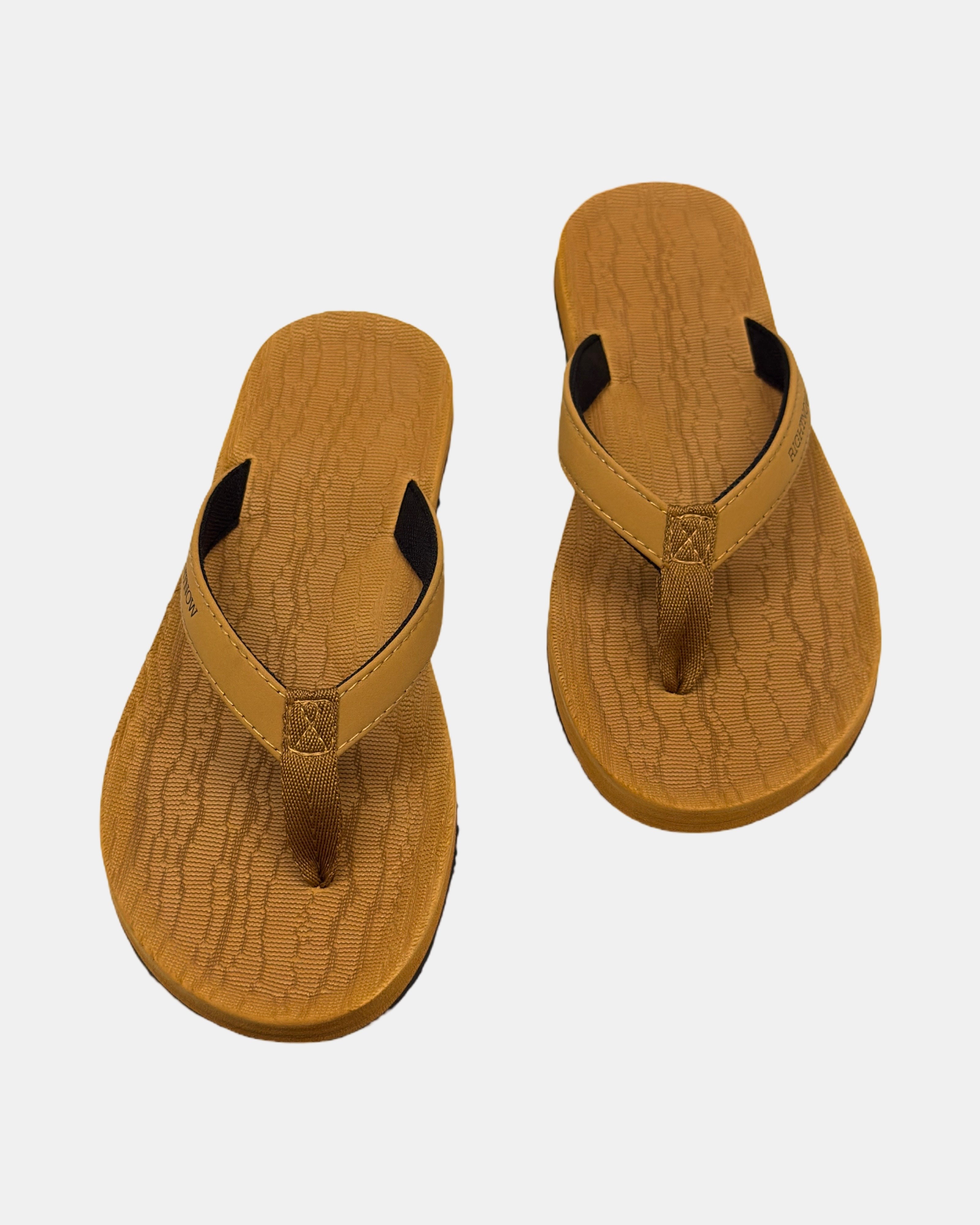 Front view of a pair of earth brown rubber women’s thong sandal with open-toe design and textured footbed.