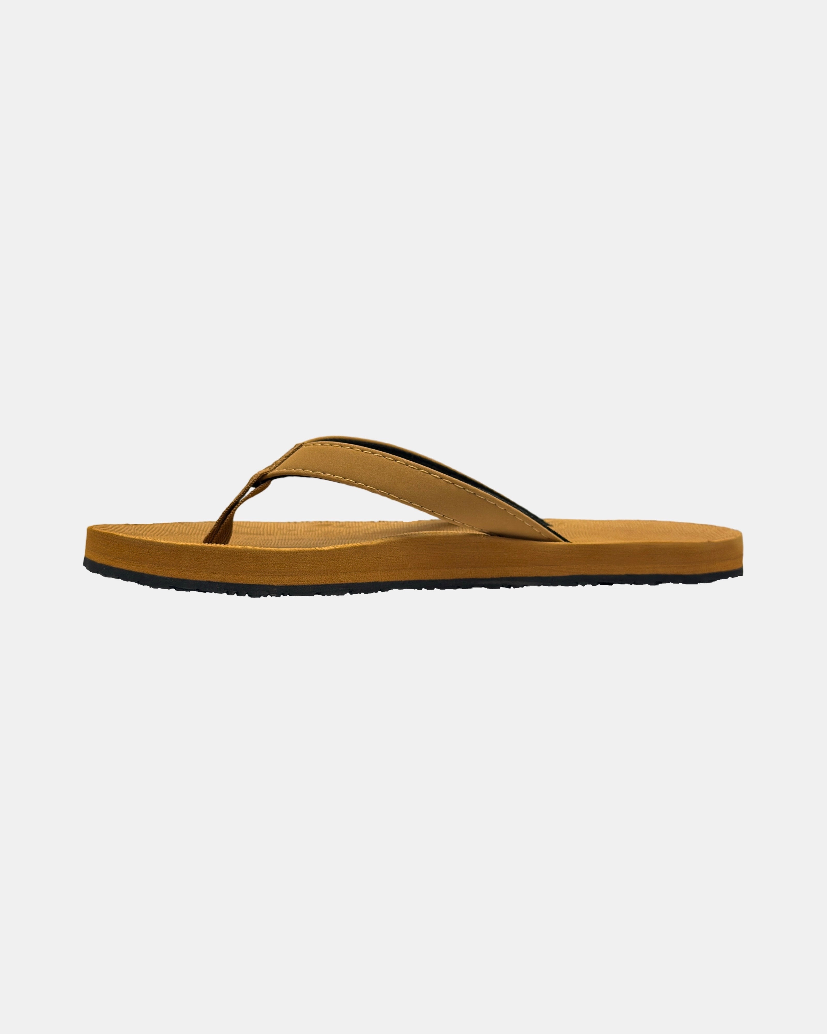 Women's earth brown rubber Thong-style sandal seen from the left side, highlighting the contoured and grooved topsole with embedded arch support.
