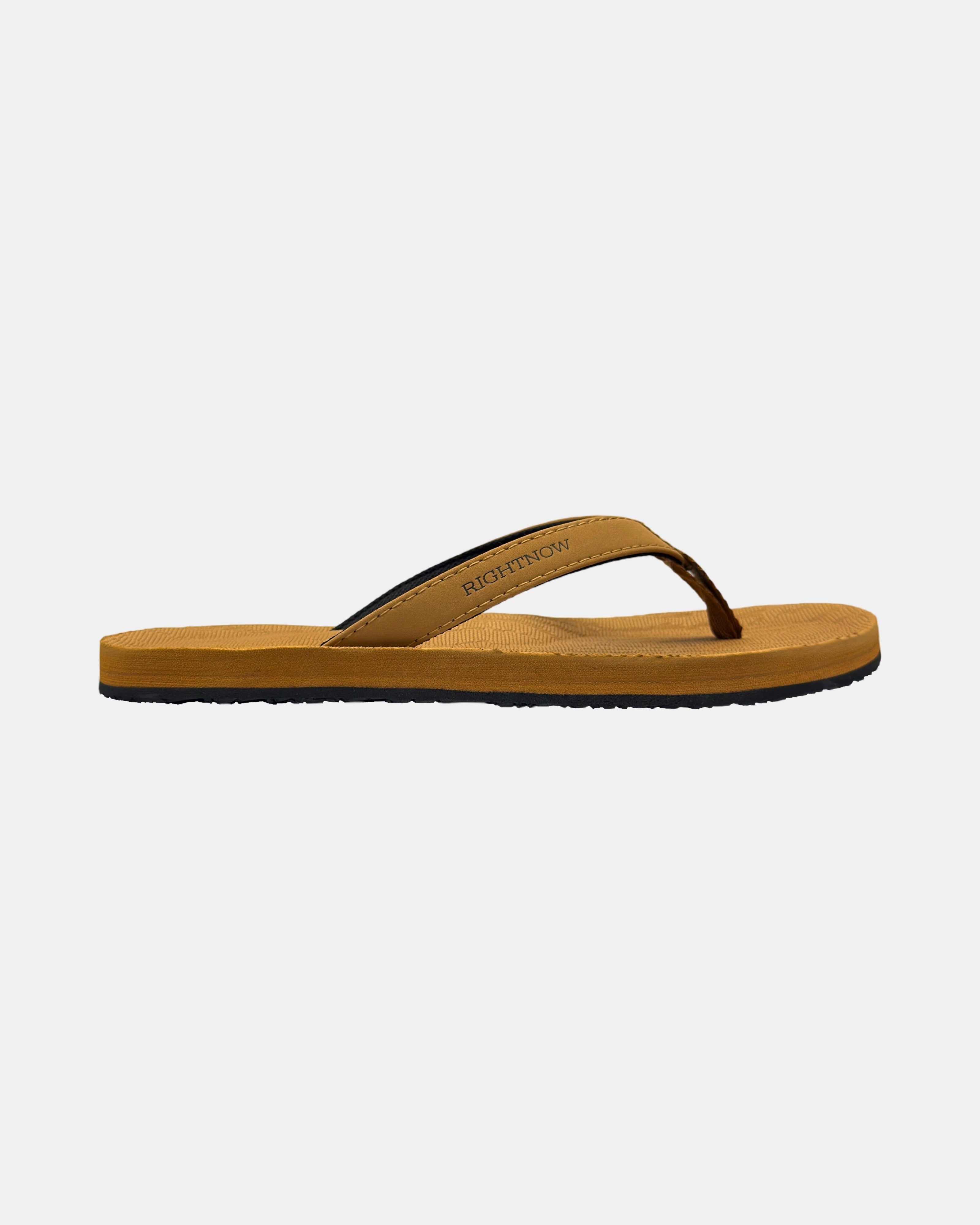 Women's earth brown rubber Thong sandal seen from the right side, showing the slim profile of the sole and V-shaped strap.
