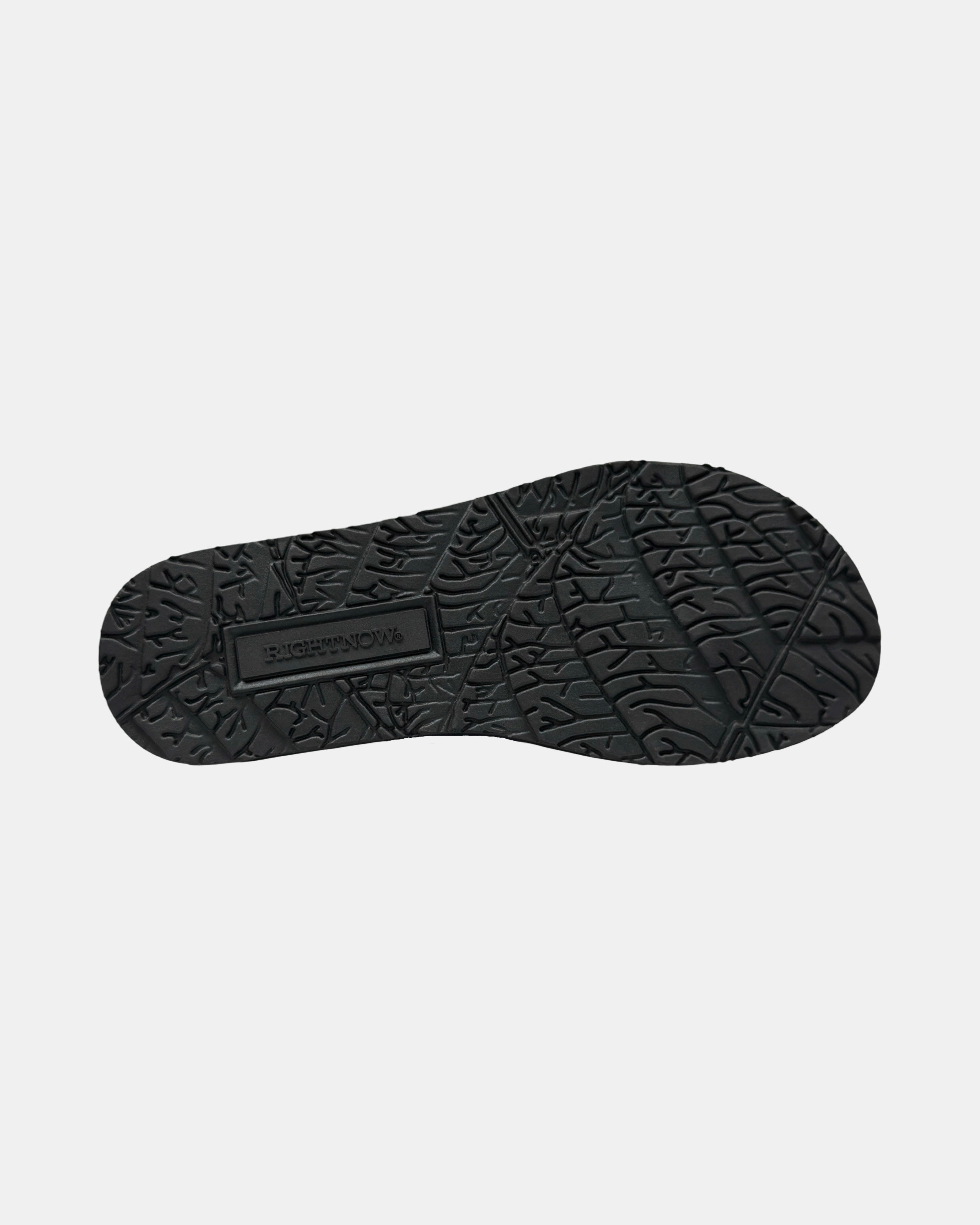 Black outsole of women's Flow Thong Sandal with the official RIGHTNOW logo.